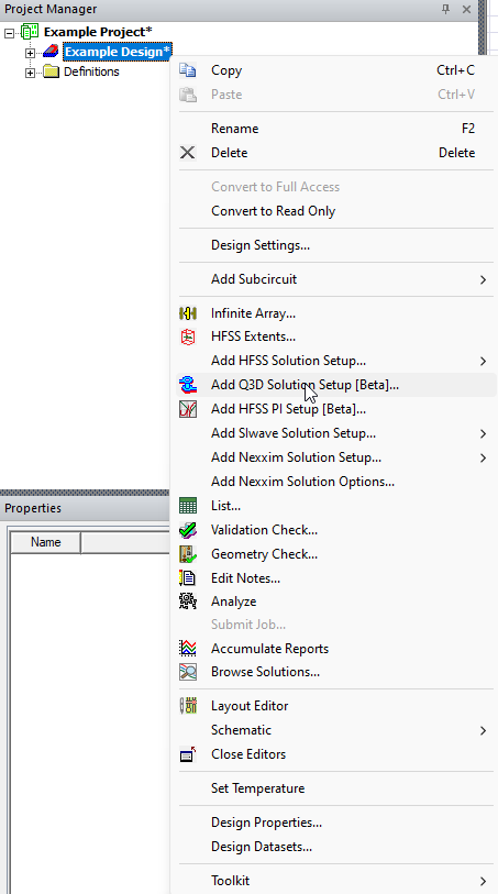 Project Manager > Project Tree > Active Design Folder > Add Q3D Solution Setup