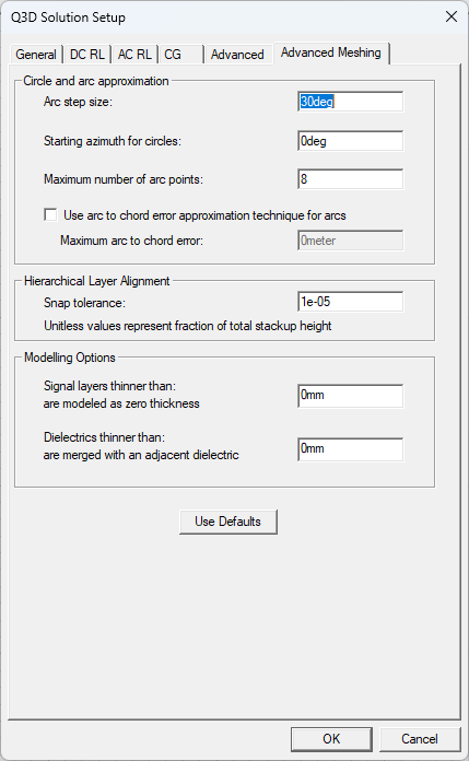 Q3D Solution Setup Window > Advanced Meshing Tab