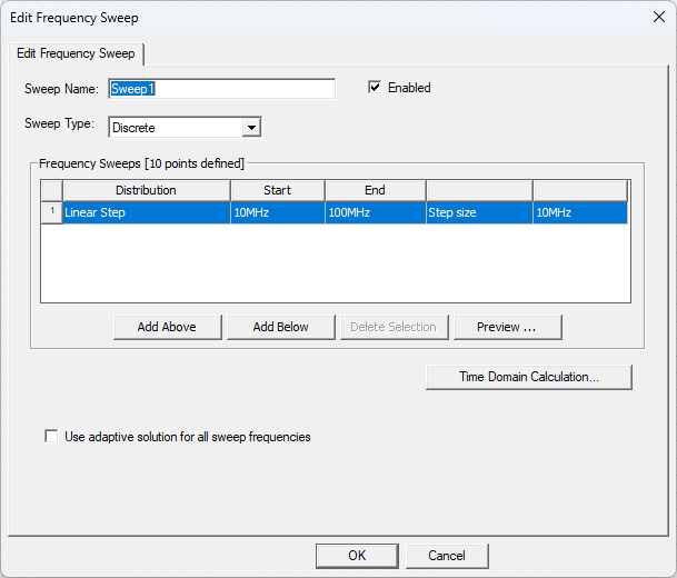 Edit Frequency Sweep Window