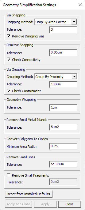 Geometry Simplification Settings Window