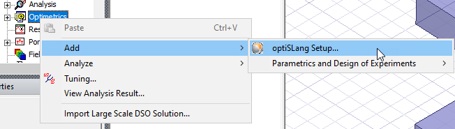 Shortcut menu, Add submenu expanded, OptiSLand Setup option highlighted.