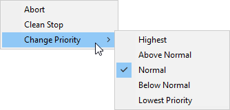 Progress Window Options Menu, Change Priority Highlighted.