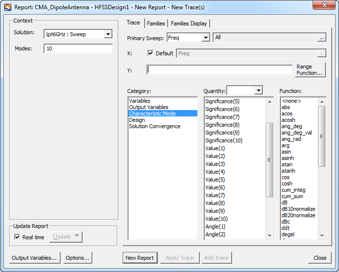 New Report dialog, Trace tab.