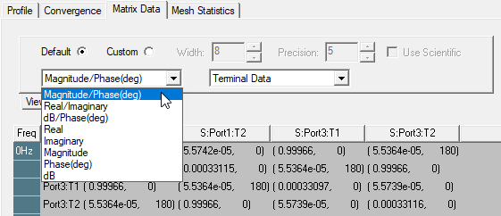 Matrix Data tab, Format field drop-down menu.
