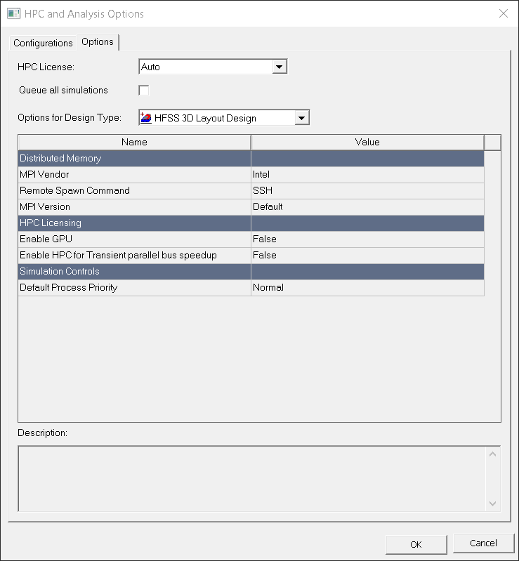 HPC Analysis Options window