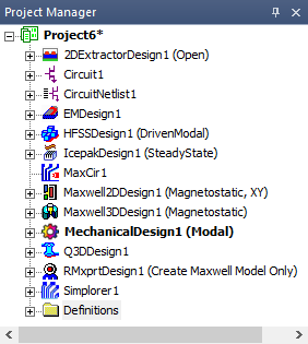 Project Manager window. Project6 project tree listed with multiple design branches.