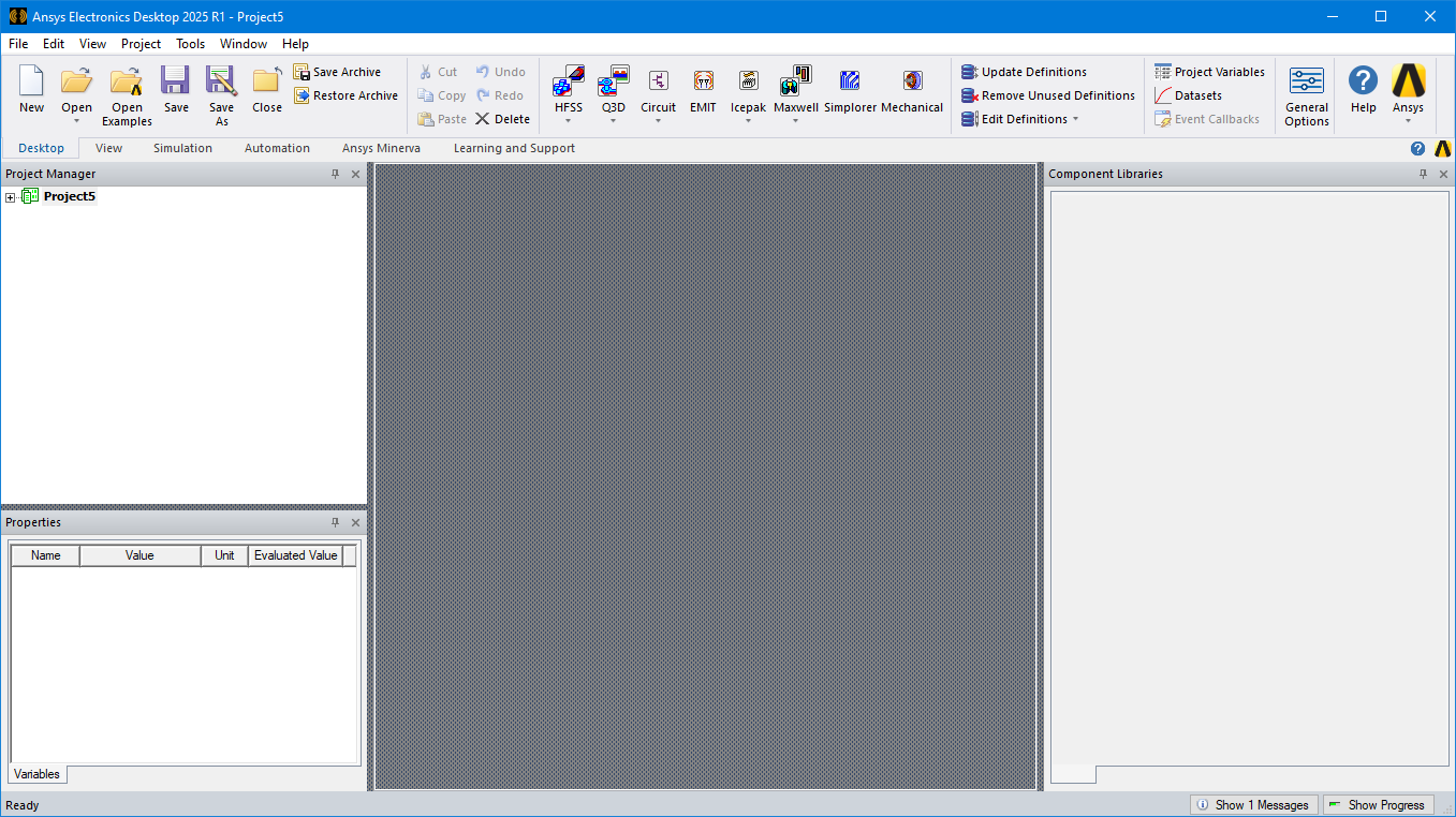 AEDT Application window with empty project windows.