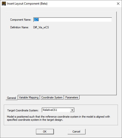 Insert Layout Component General tab