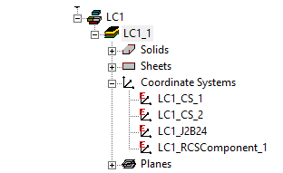 Modeler tree displaying the component coordinate systems.