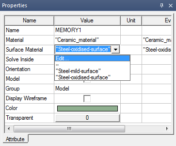 Properties Window. Material value drop down menu open.