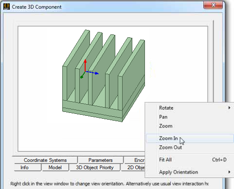 Create 3D Component dialog. Image tab displaying model and right-click menu. Zoom in highlighted.