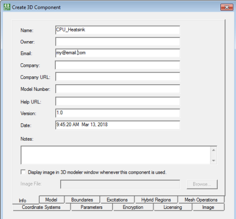 Create 3D Component dialog. Info tab.