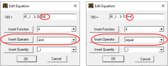Edit Equation dialog. Insert Operator option set to and. Edit Equation dialog. Insert Operator option set to equal.