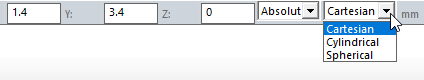 Status bar, coordinates drop-down menu expanded. Cartesian highlighted.