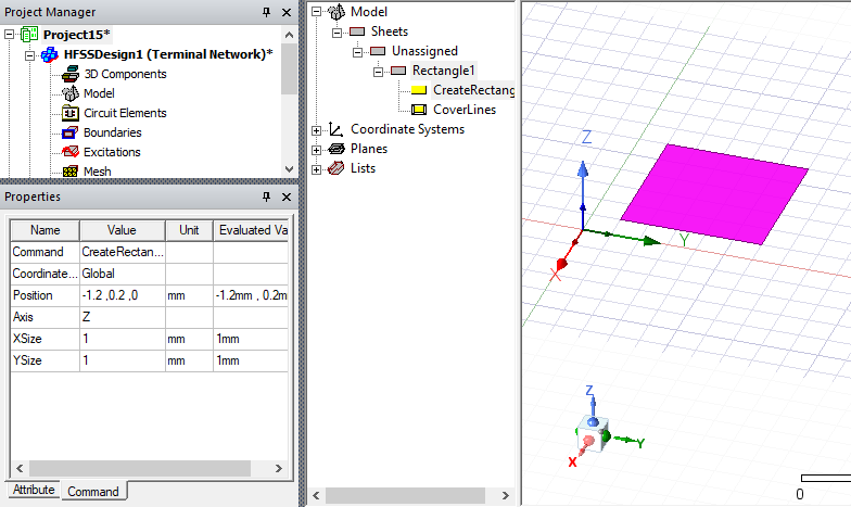 Modeler window. Rectangle shown.