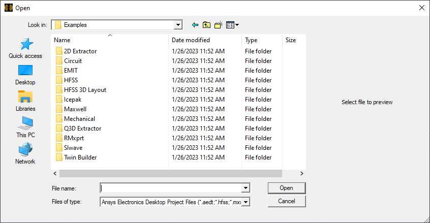 Example Projects shown in the Ansys File Explorer Window