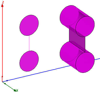 A pair of 2D objects connected by a 1D line segment. A pair of 3D objects connected by a 2D sheet object.