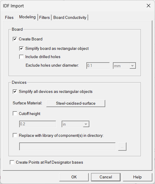 IDF Import dialog, Modeling tab
