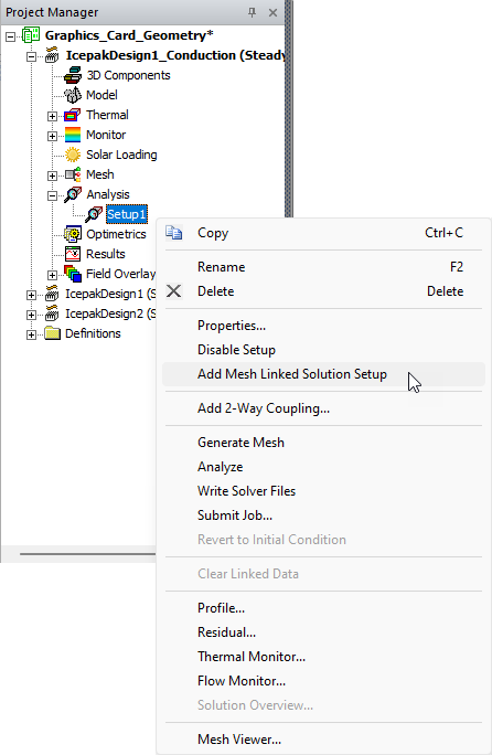 Right-click Analysis menu, Add Mesh Linked Solution Setup option highlighted.