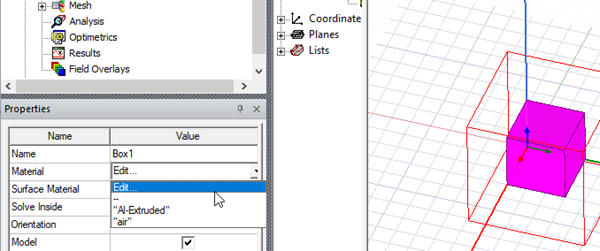 Properties window. Material value right-clicked, edit highlighted.