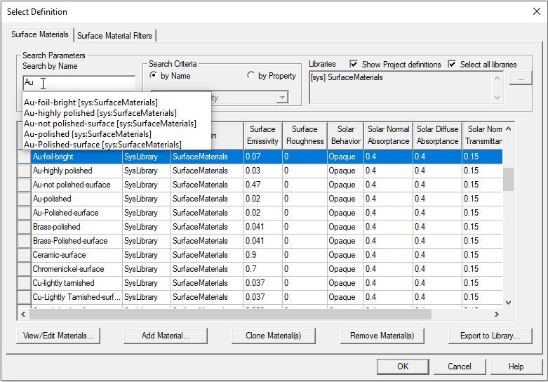 Select Definition window, materials tab open. Search by name paramenter filled. 