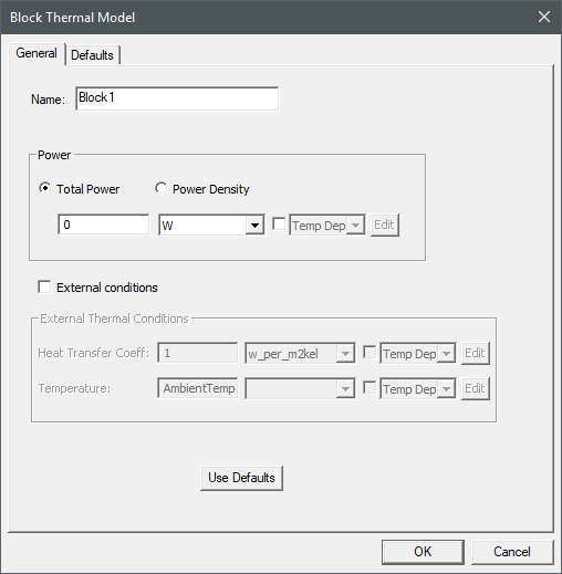 Icepak solid block boundary condition dialog box General tab.
