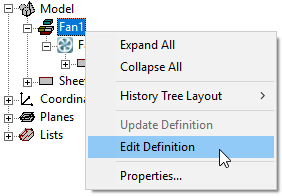 Icepak history tree fan component right-click menu, Edit Definition highlighted.