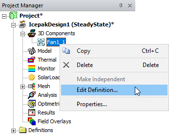 Icepak project manager fan component right-click menu, Edit Definition highlighted.