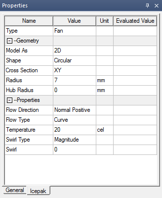 Icepak fan component properties window.