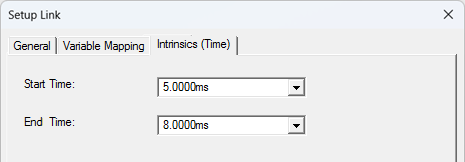 Icepak EM loss setup link dialog box intrinsics (time) tab, start and end times displayed.