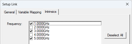 Icepak EM loss setup link dialog box intrinsics tab, frequency displayed.