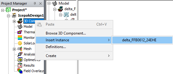 3D Components right-click menu. Insert Instance option highlighted.