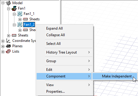 Component shortcut menu. Component option expanded, Make Independant option highlighted.