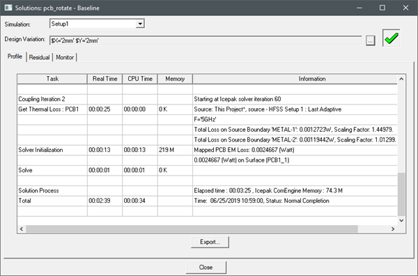 Icepak solutions dialog box Profile tab, HFSS 3D Layout AC and DC  loss emphasized.