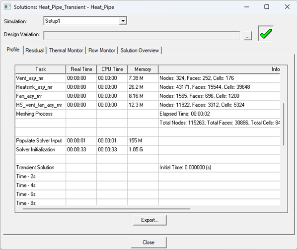 Icepak Solutions dialog box, Profile tab displayed.