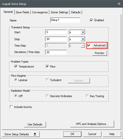 Icepak transient Solve Setup dialox box General tab.