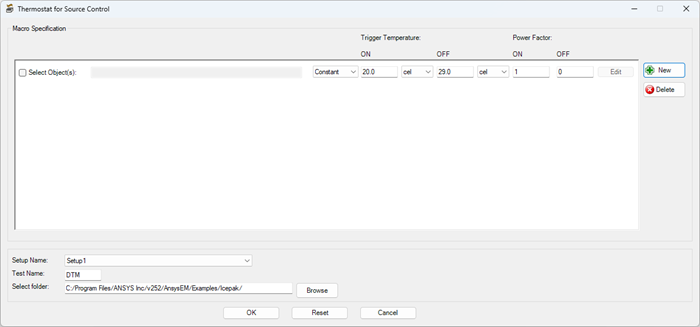 Icepak Thermostat for Source Control dialog box.