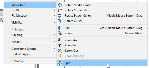 View menu expanded, Interation submenu expanded, Spin option highlighted.