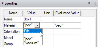 Properties Window. Material Value selected, "Edit" highlighted. 
