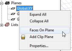 History tree, plane Global:XY right-click menu expanded. Faces On Plane option highlighted.