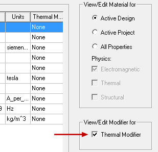 View/Edit Material Dialog. Thermal Modifier enabled and highlighted.
