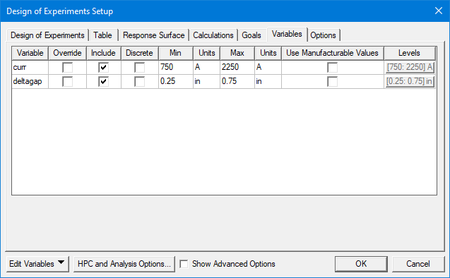 Design of Experiment Setup dialog, Variables tab.