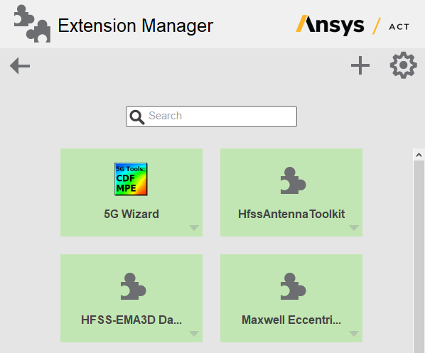 Extension Manager window. Search query box in center. Below, links to 5G wizard, HFSSAntenna Toolkit, HFSS-ENA3D Da... and Maxwell Eccentri...