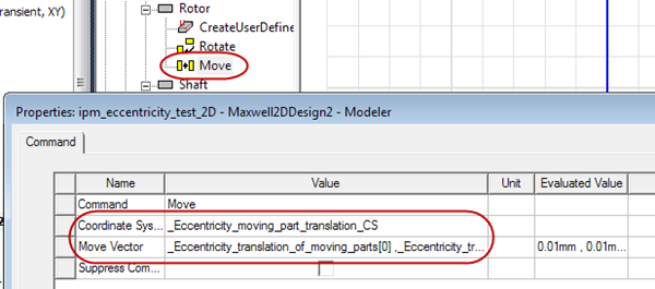 The move vector entry in the design's motion setup is highlighted along with the resulting entry made in the history tree