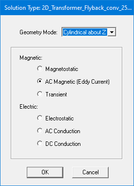 Solution types available for the Maxwell 2d Solver with the AC Magnetic option selected