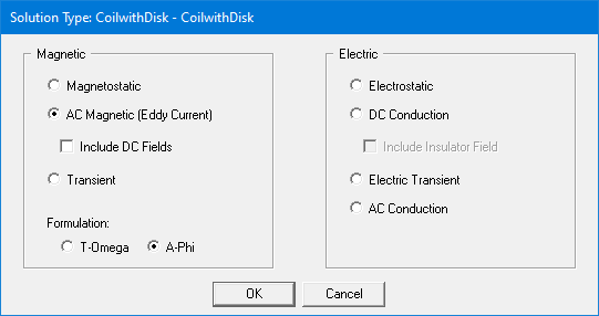 Solution types available for the Maxwell 3D solver, which includes the AC Magnetic  Eddy Current T-Omega and A-Phi formulations
