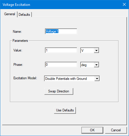 View of the Voltage Excitation dialog box