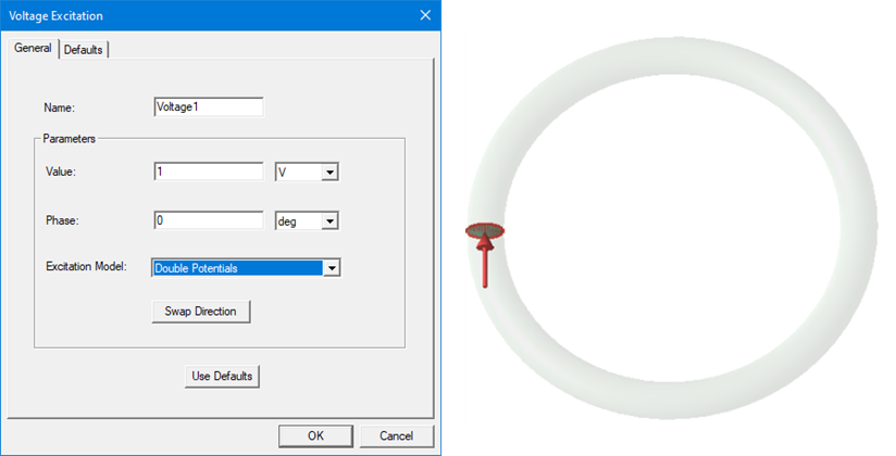 Voltage Excitation dialog box with the Double Potentials excitation model selected and the resulting excitation on the model