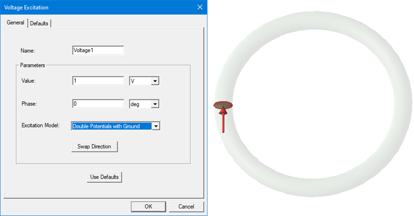 Voltage Excitation dialog box with the Double Potentials with Ground excitation model selected and the resulting excitation on the model