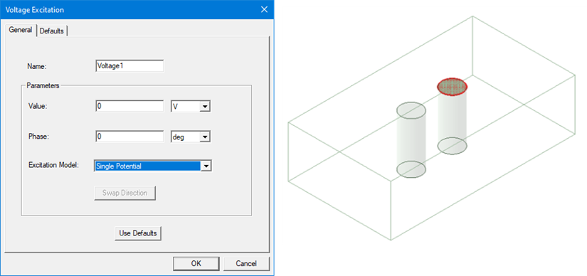 Voltage Excitation dialog box with the Single Potential excitation model selected and the resulting excitation on the model